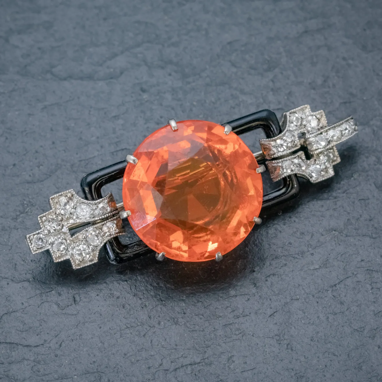 Art Deco Natural 10Ct Fire Opal Diamond Onyx Brooch 18Ct Gold Circa 1920