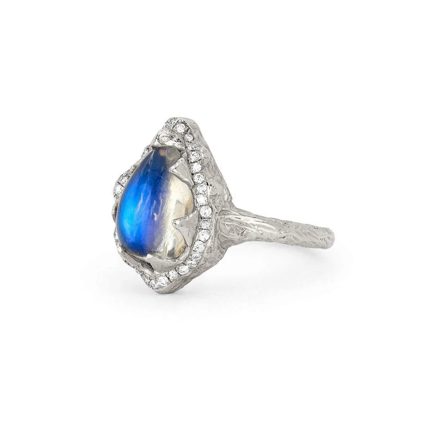 Baby Queen Water Drop Blue Sheen Moonstone Ring with Full Pavé Halo