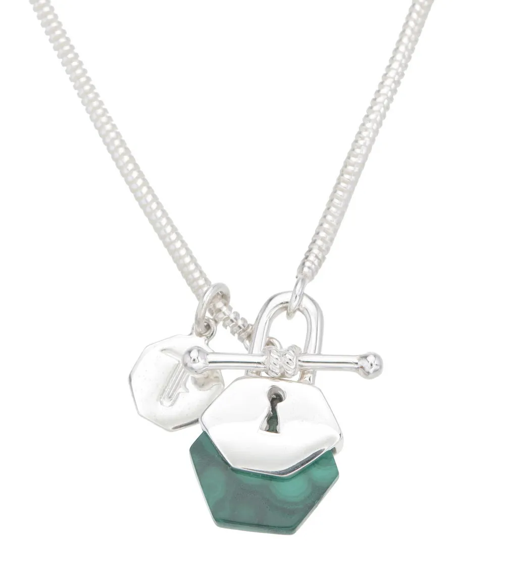 BIG HEXI LOCKET NECKLACE - MALACHITE - SILVER