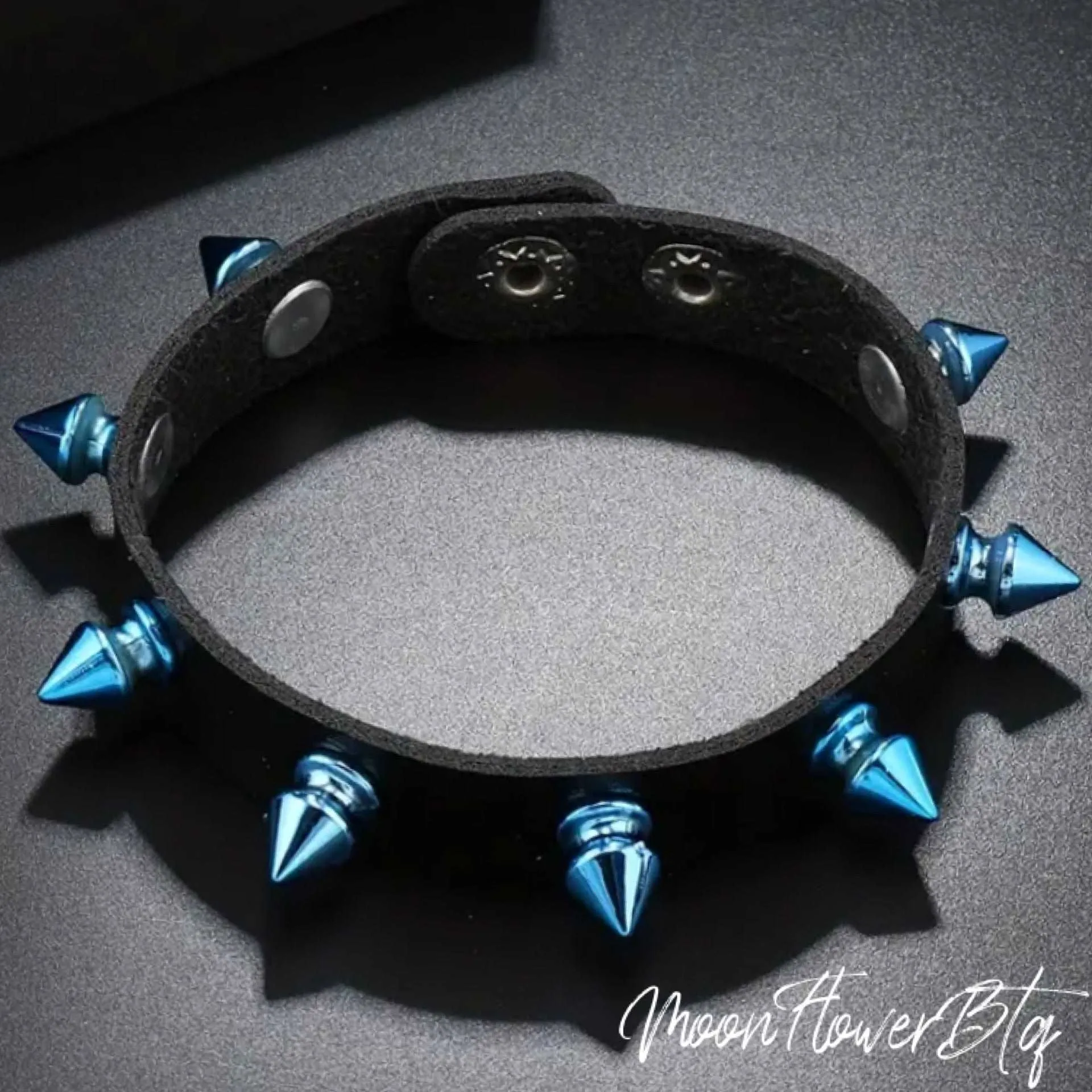 Black Blue Spiked Faux Leather Cuff Bracelet