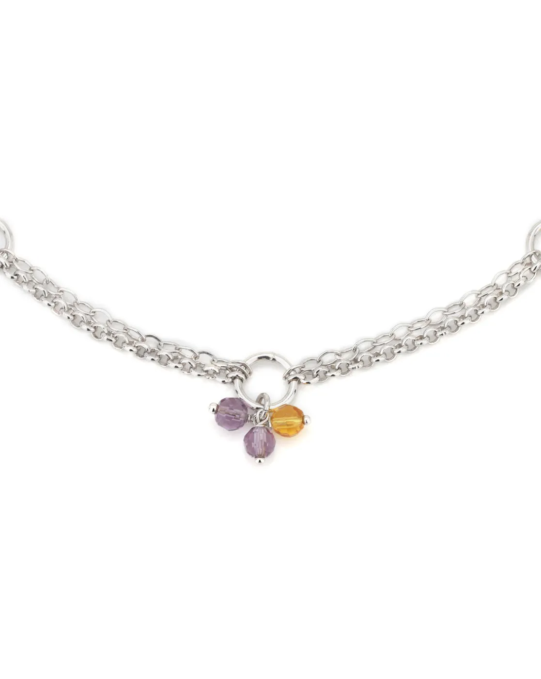 Carlton London -Set Of 2 Rhodium-Plated Silver Toned Purple & Yellow Link Beaded Anklets For Women