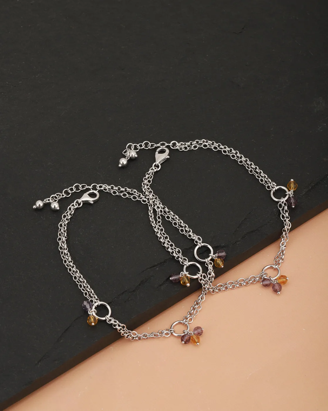 Carlton London -Set Of 2 Rhodium-Plated Silver Toned Purple & Yellow Link Beaded Anklets For Women