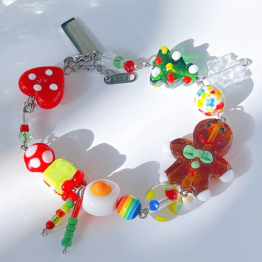 Christmas Gingerbread Jewelry Handmade Charm Bracelet with Murano Glass Gemstones