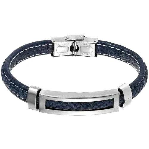 Classy Men Blue Silver Leather Band Bracelet