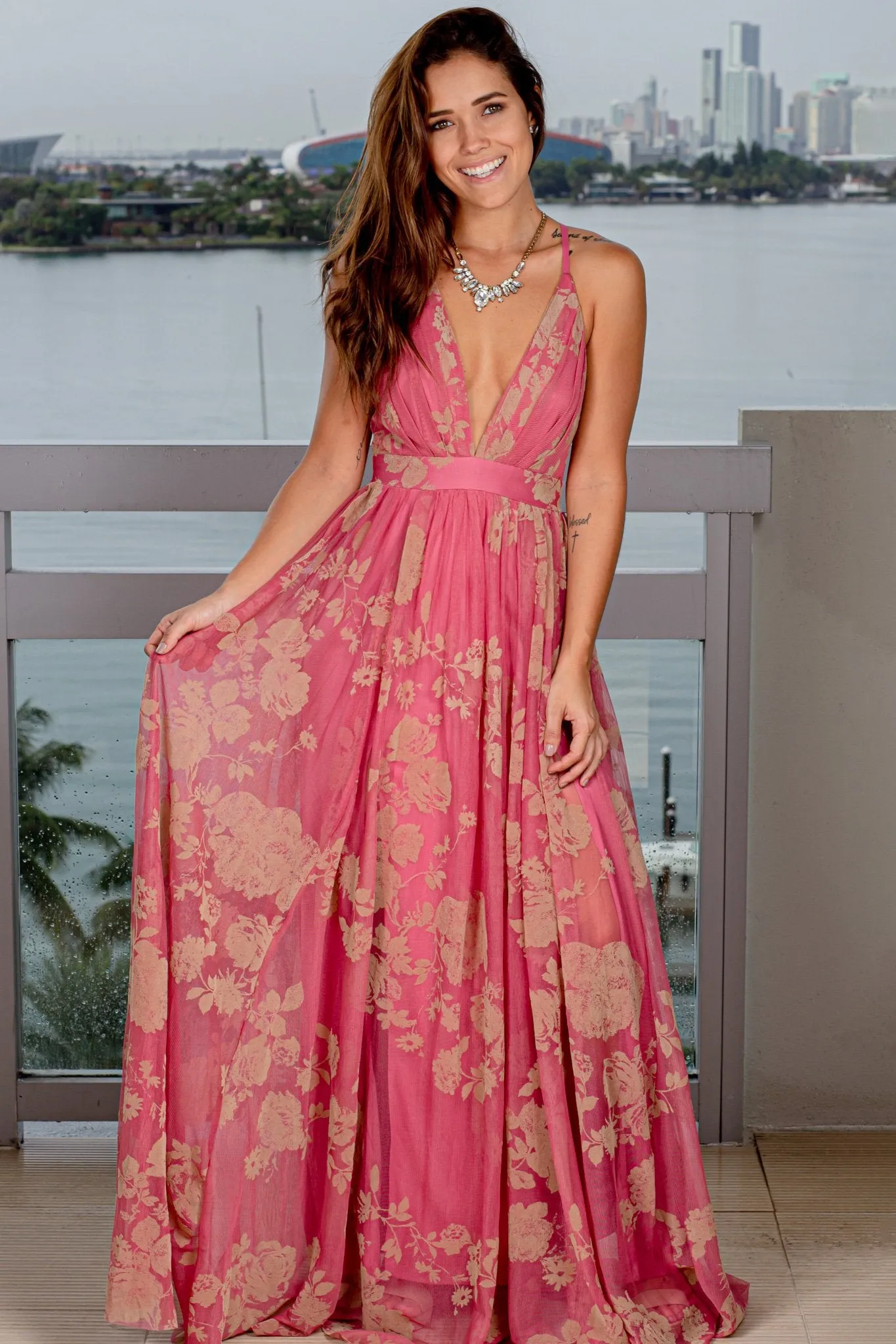 Coral and Beige Printed Tulle Maxi Dress with Criss Cross Back