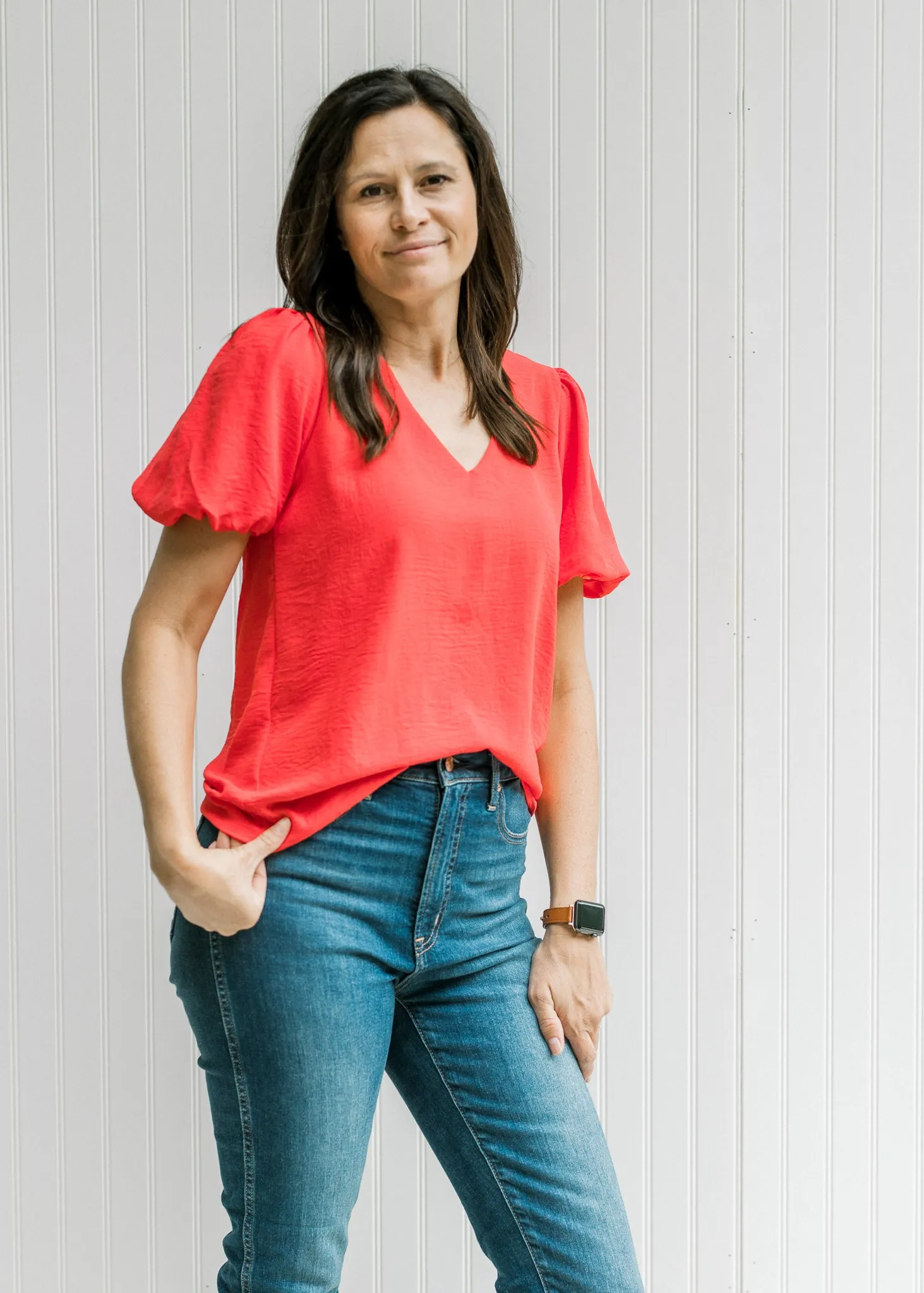 Coral Bubble Sleeve Top