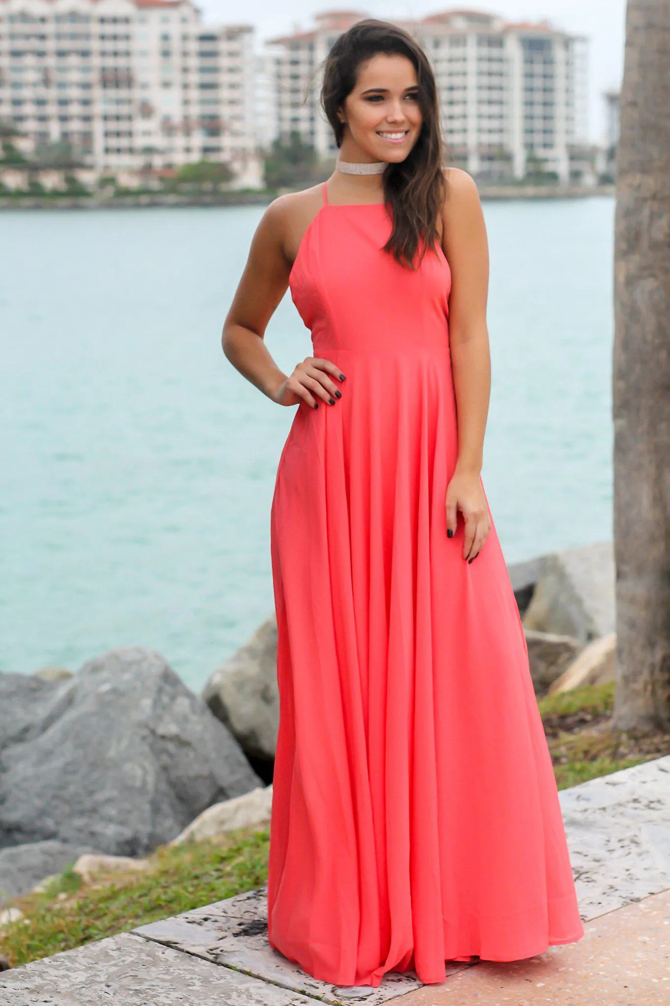 Coral Dress with Criss Cross Back