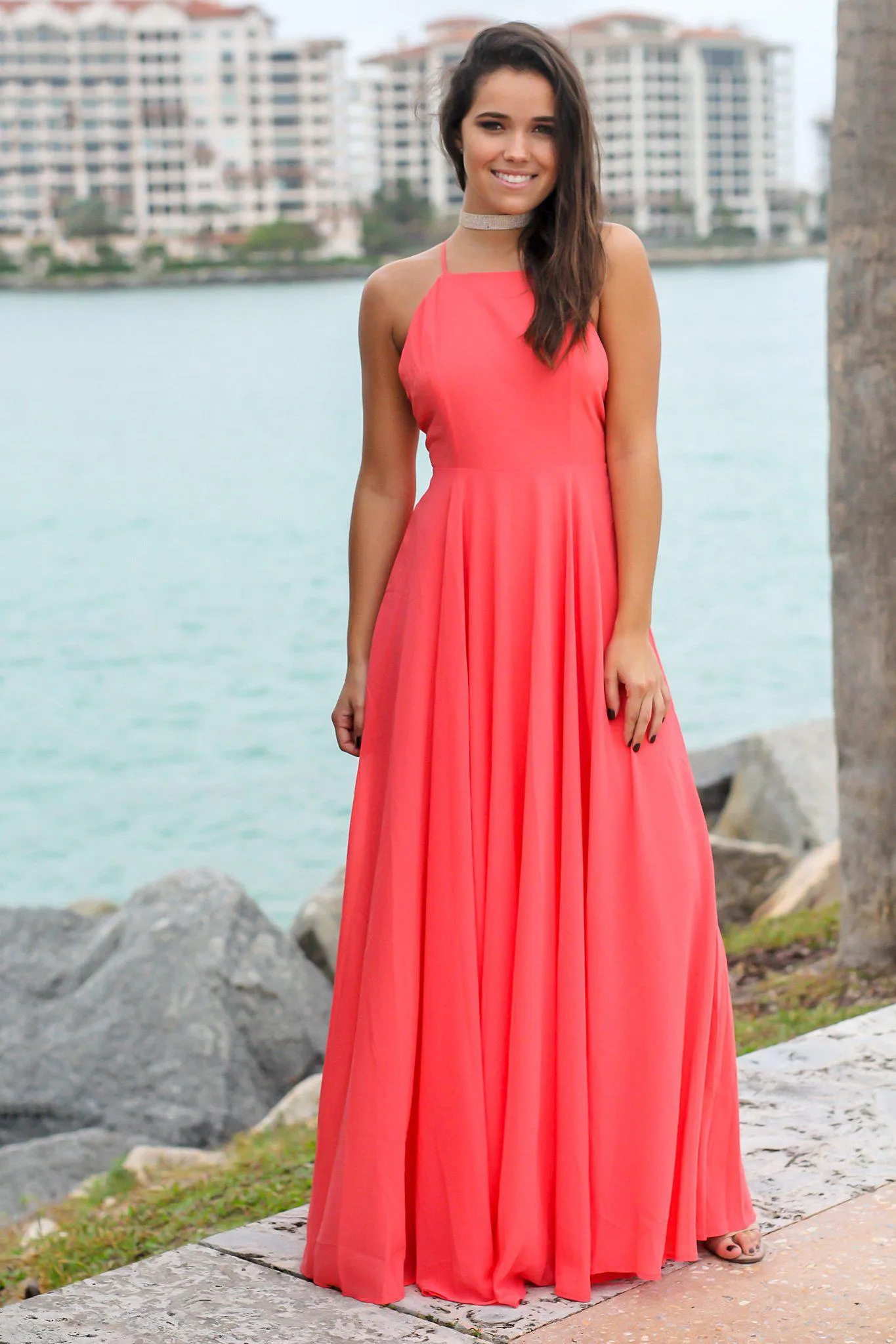 Coral Dress with Criss Cross Back