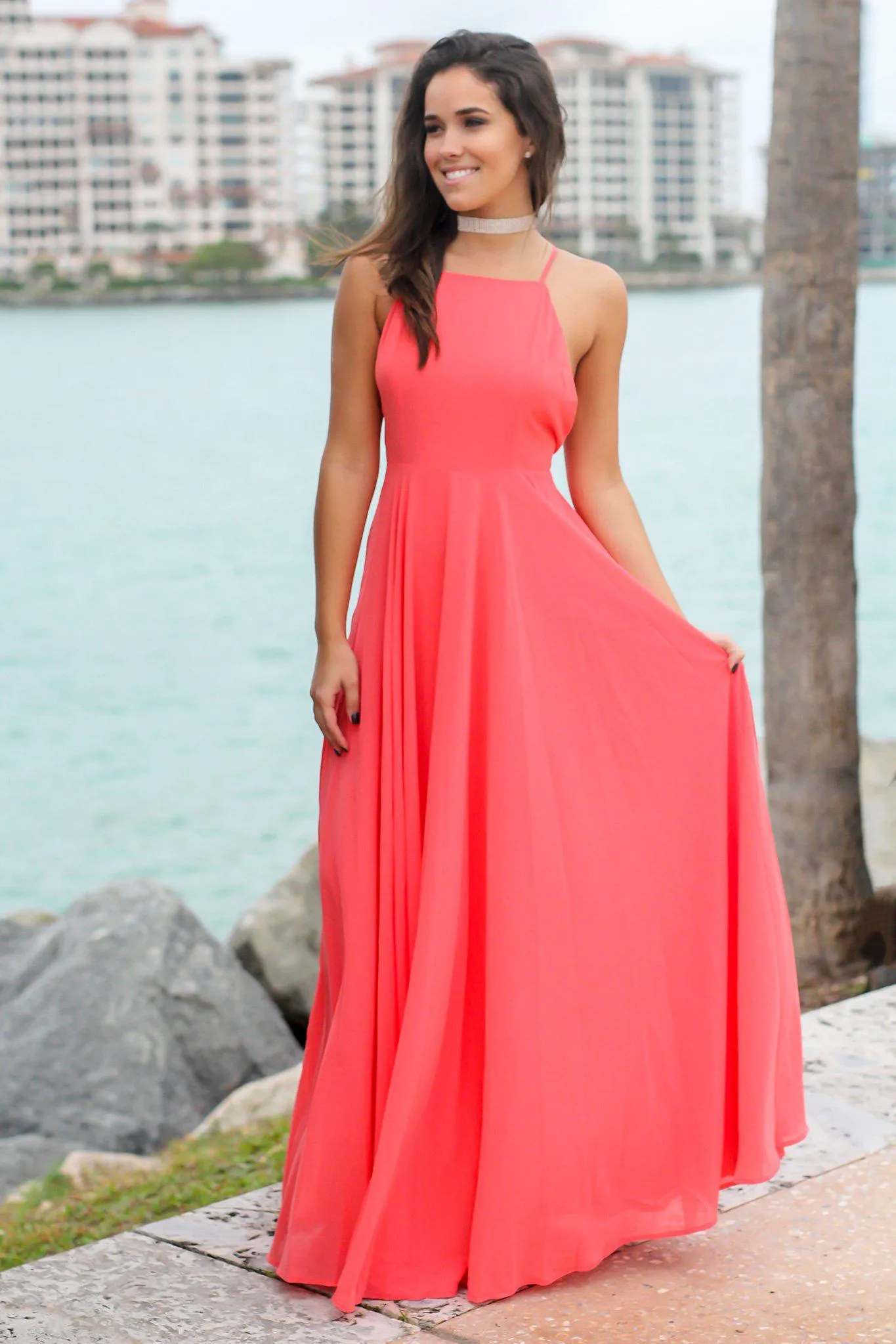 Coral Dress with Criss Cross Back