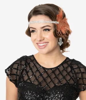 Coral Feather & Silver Rhinestone Twist Michelle Flapper Headband