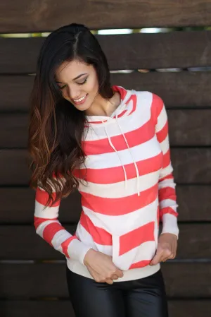 Coral Striped Knit Hoodie