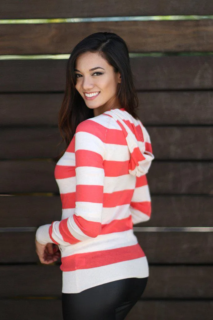 Coral Striped Knit Hoodie