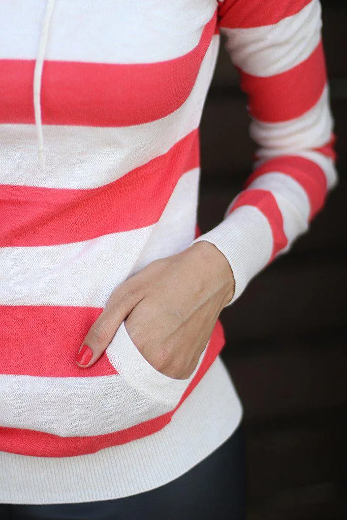 Coral Striped Knit Hoodie