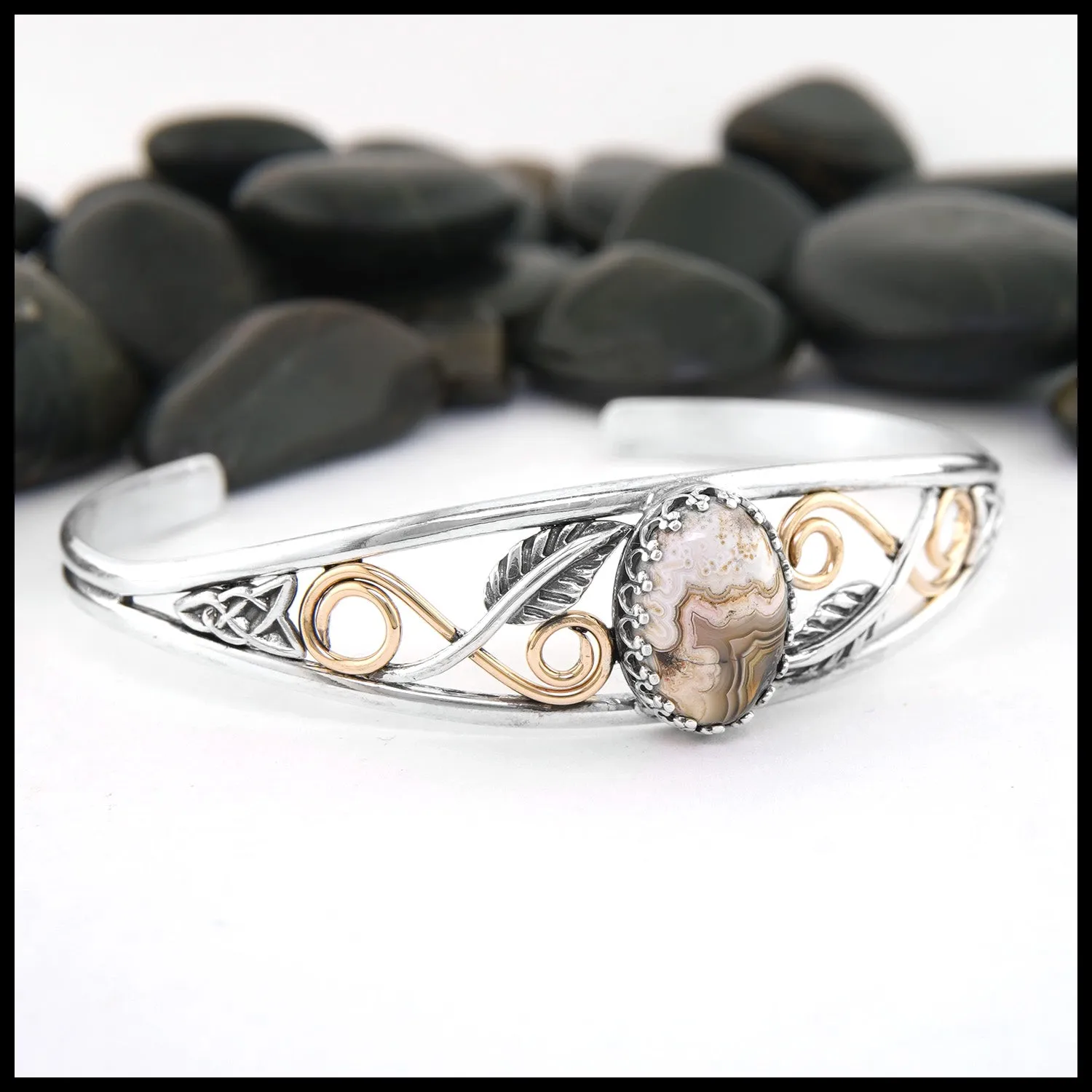 Crazy Lace Agate and Leaf Cuff Bracelet