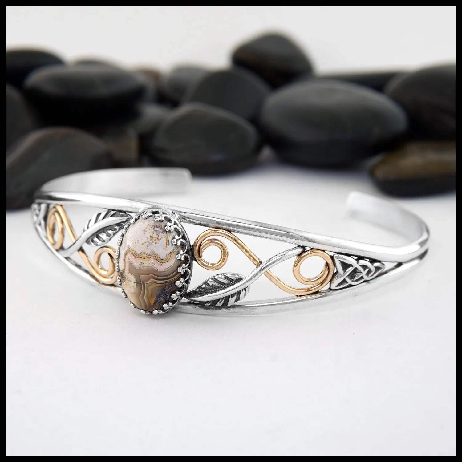 Crazy Lace Agate and Leaf Cuff Bracelet