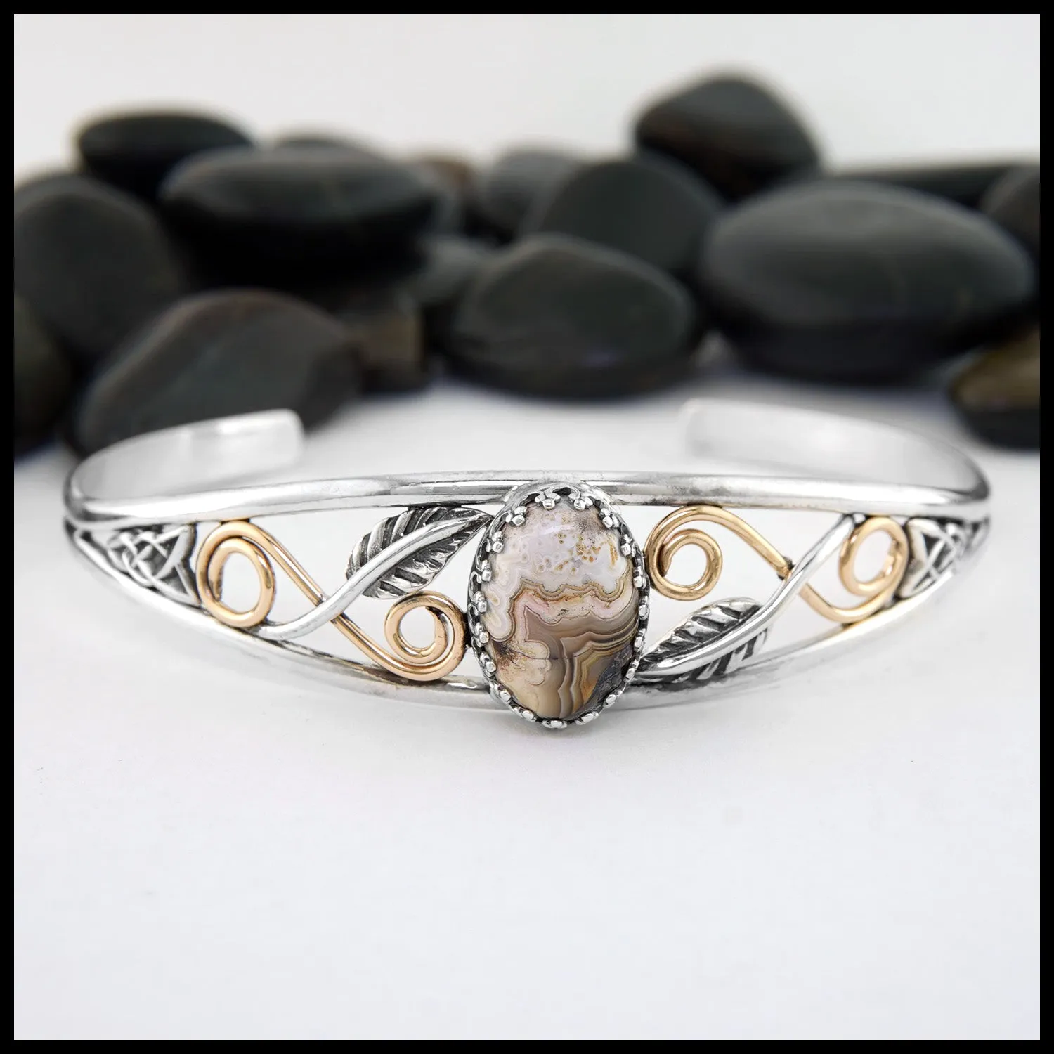 Crazy Lace Agate and Leaf Cuff Bracelet