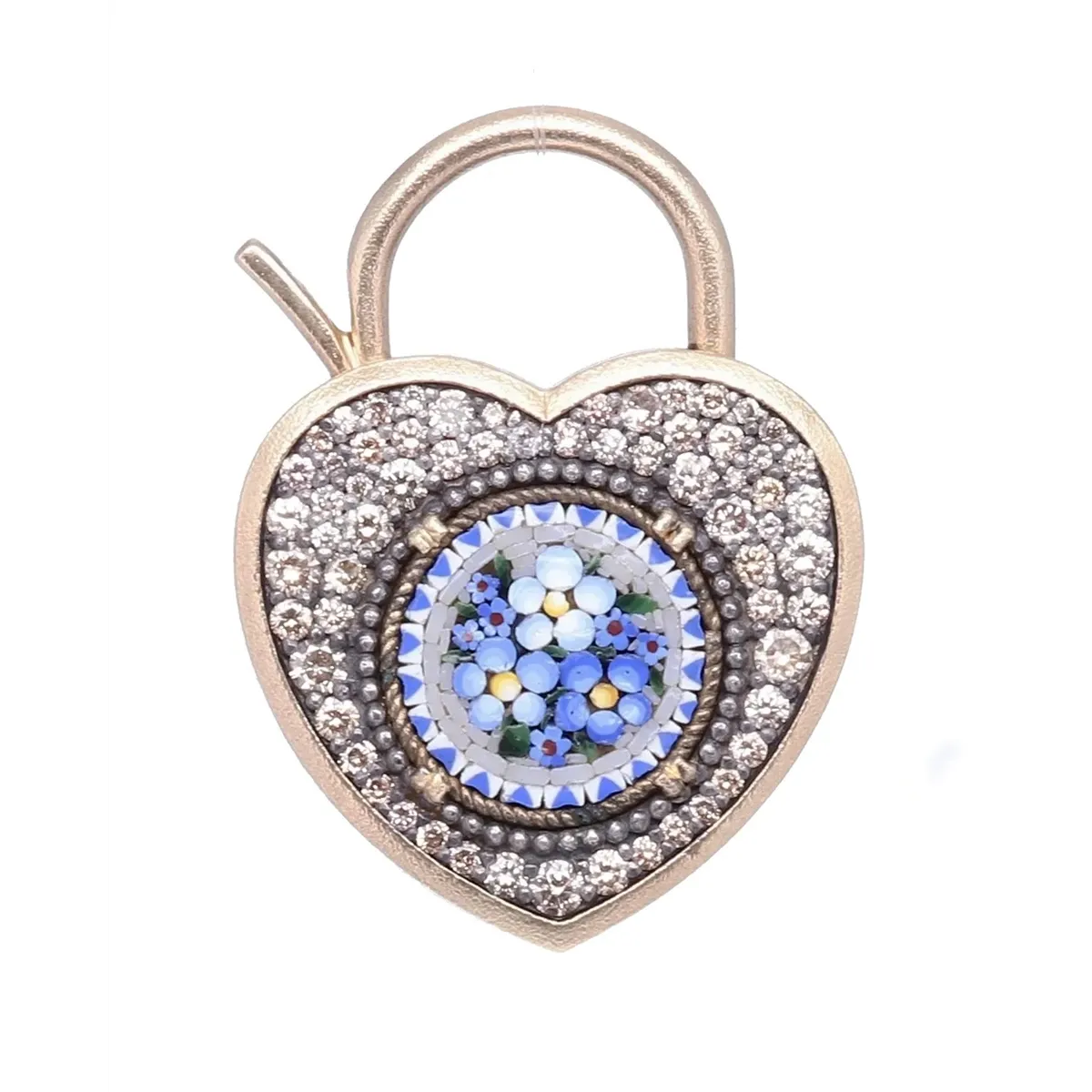 Cynthia Ann 14K Yellow Gold Blue Italian Micro Mosiac Forget Me Not Diamond Heart Locket Pendant