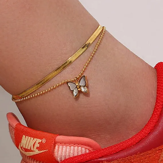 Double Layer Herringbone Butterfly Anklet