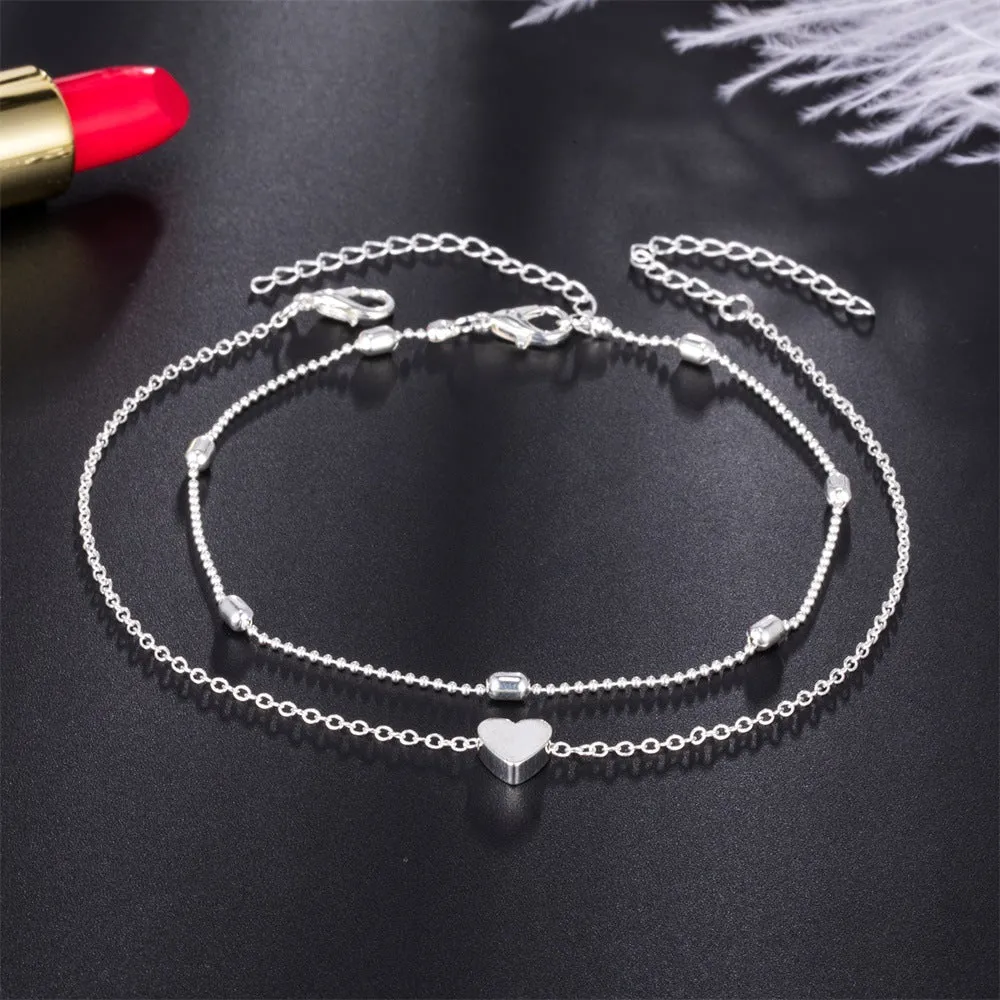 Double-layered anklet chain heart-shaped anklet