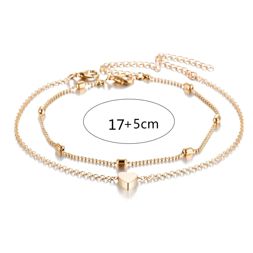 Double-layered anklet chain heart-shaped anklet