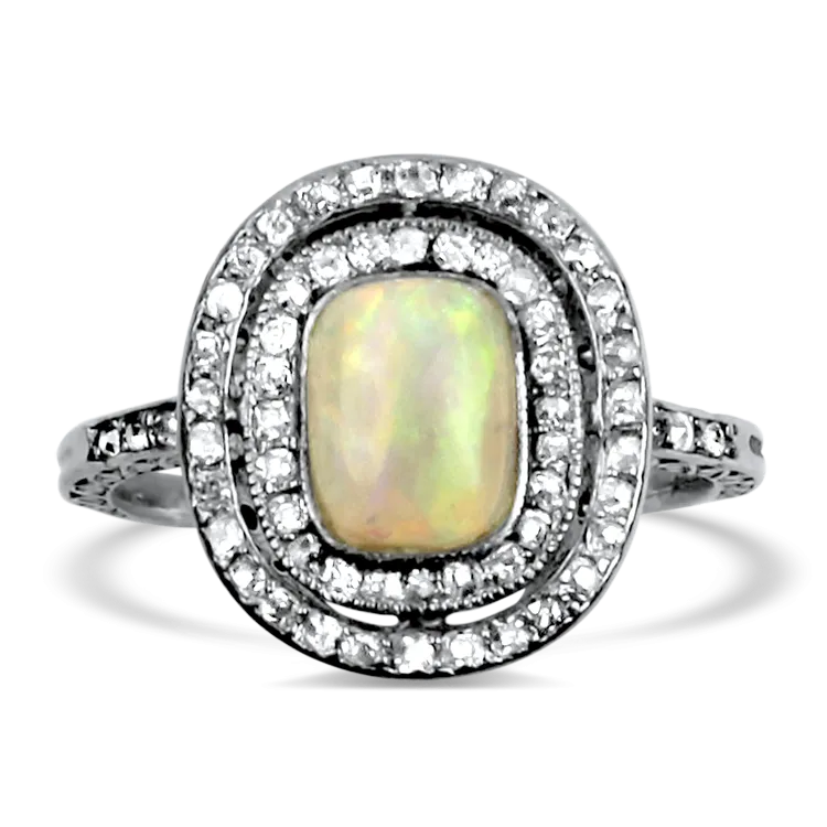 Estate Antique Platinum Opal & Diamond Ring