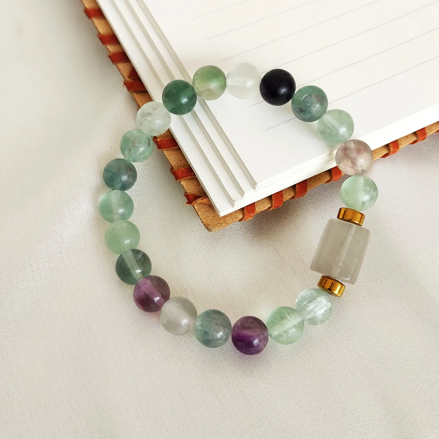 Fluorite Matte Tumble Natural Stone Bracelet With Golden Hematite