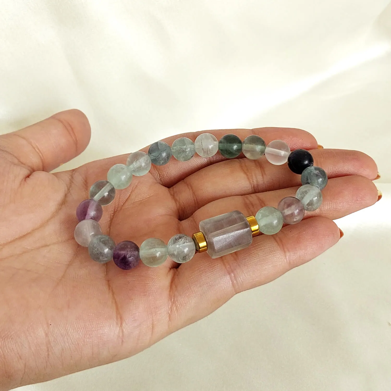 Fluorite Matte Tumble Natural Stone Bracelet With Golden Hematite