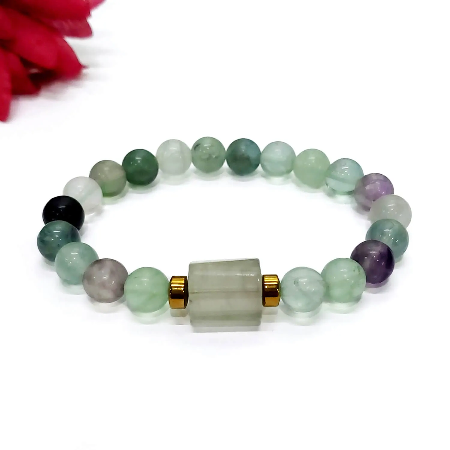 Fluorite Matte Tumble Natural Stone Bracelet With Golden Hematite