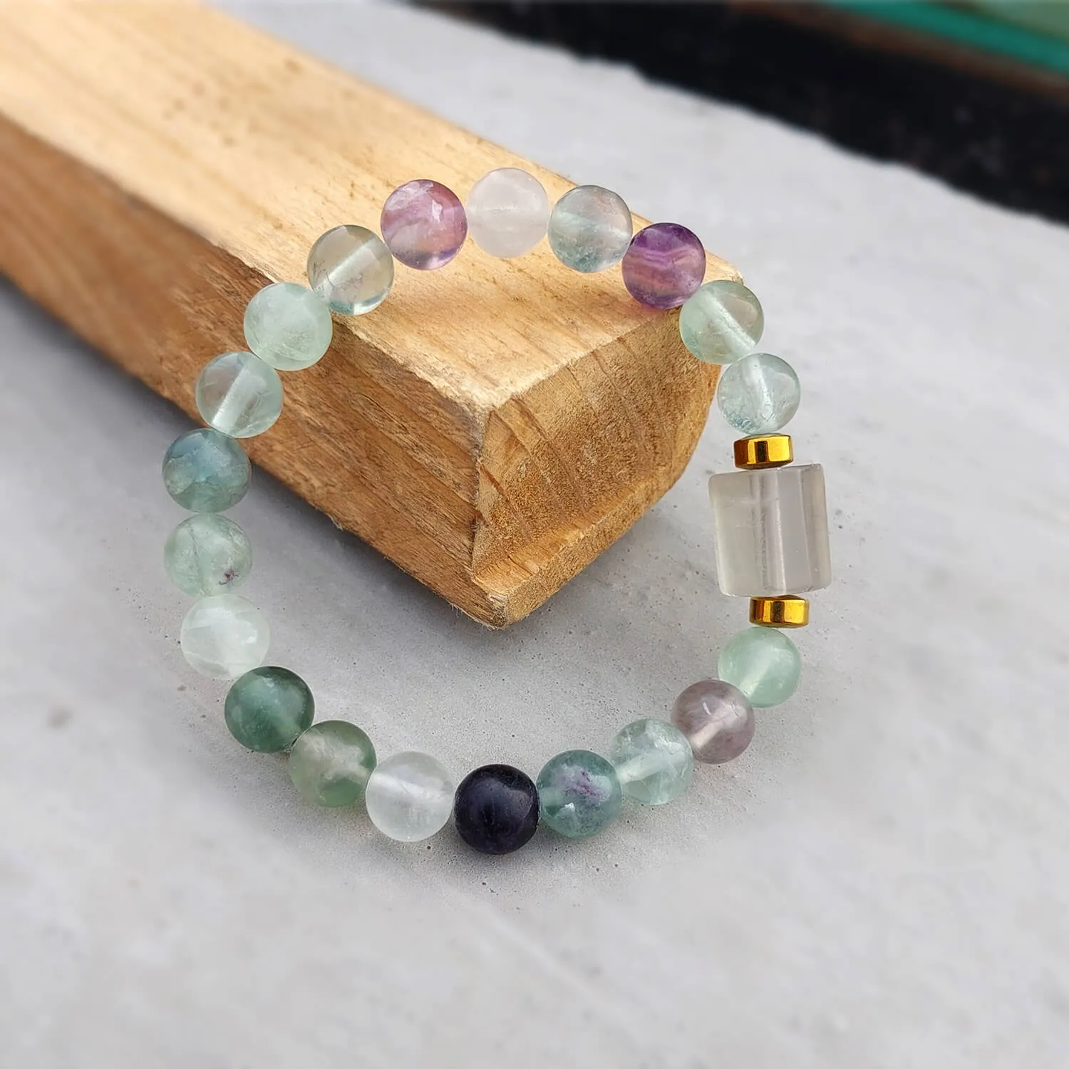 Fluorite Matte Tumble Natural Stone Bracelet With Golden Hematite