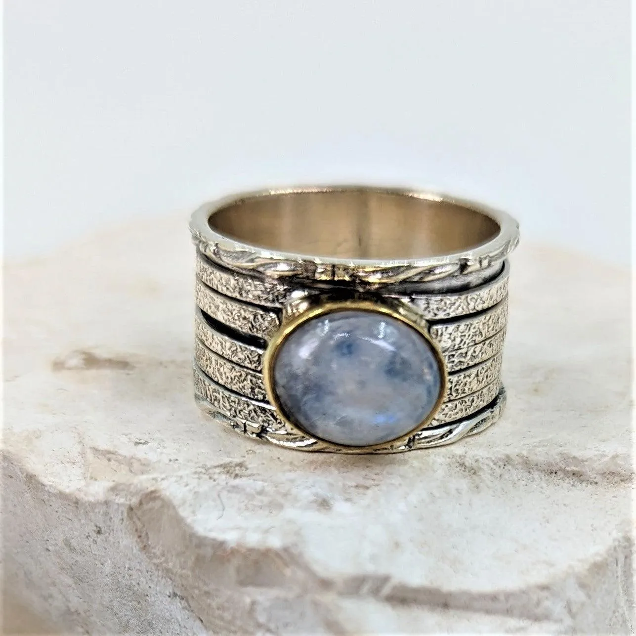 Frida - Moonstone 925 Silver Spinning Ring With Brass Setting