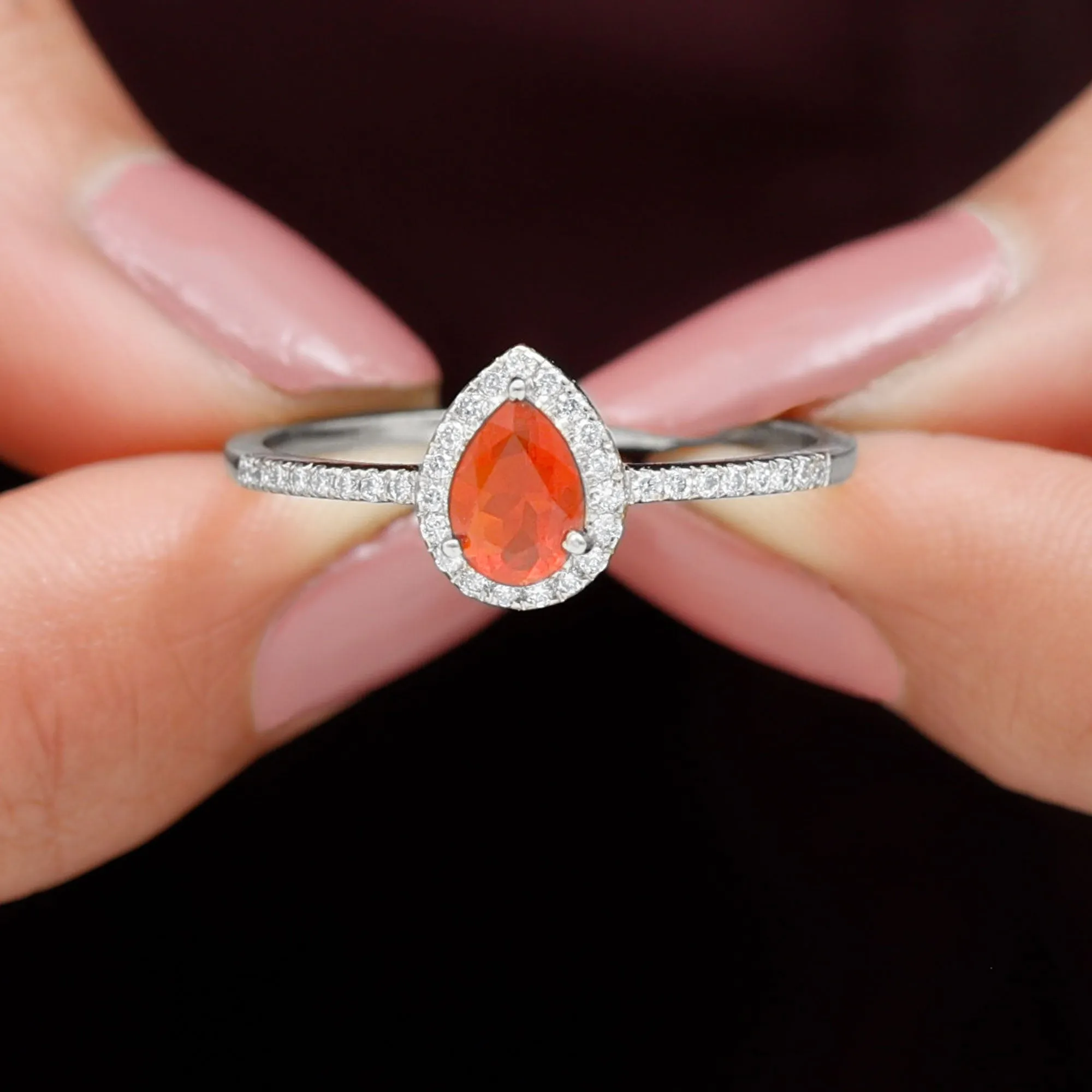 Genuine Fire Opal Teardrop Ring with Diamond Halo