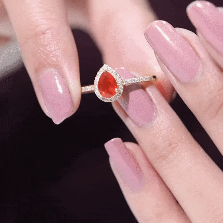 Genuine Fire Opal Teardrop Ring with Diamond Halo