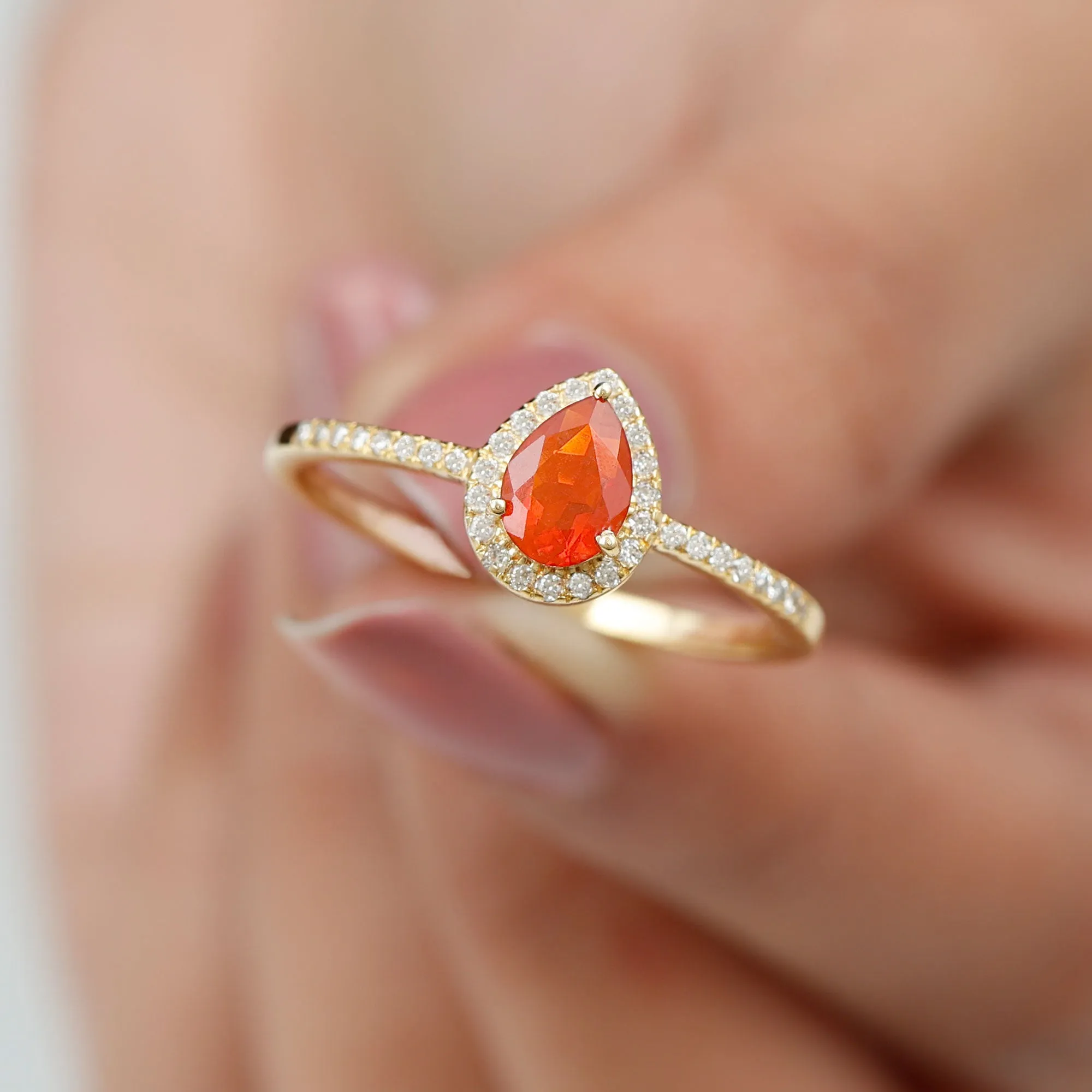 Genuine Fire Opal Teardrop Ring with Diamond Halo