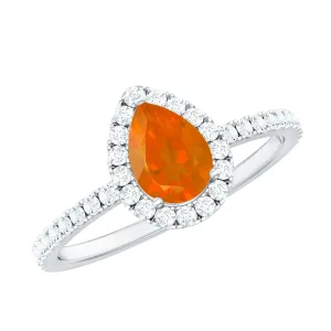 Genuine Fire Opal Teardrop Ring with Diamond Halo