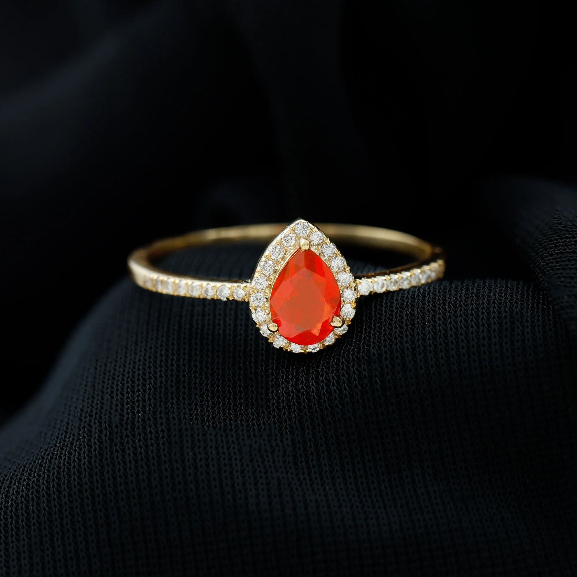 Genuine Fire Opal Teardrop Ring with Diamond Halo