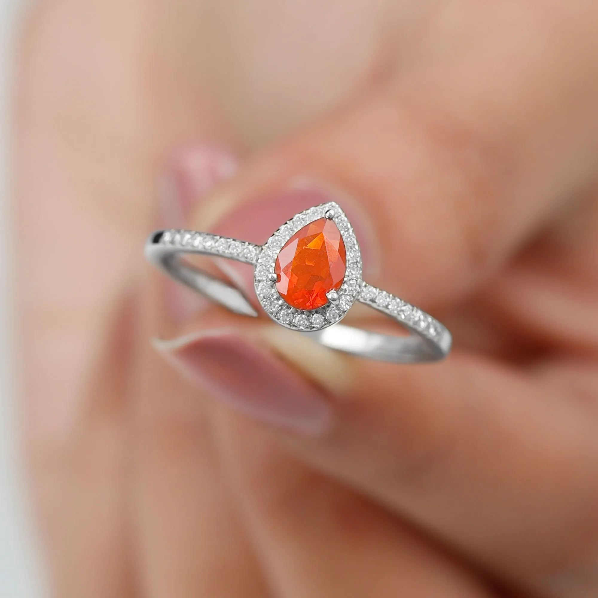 Genuine Fire Opal Teardrop Ring with Diamond Halo