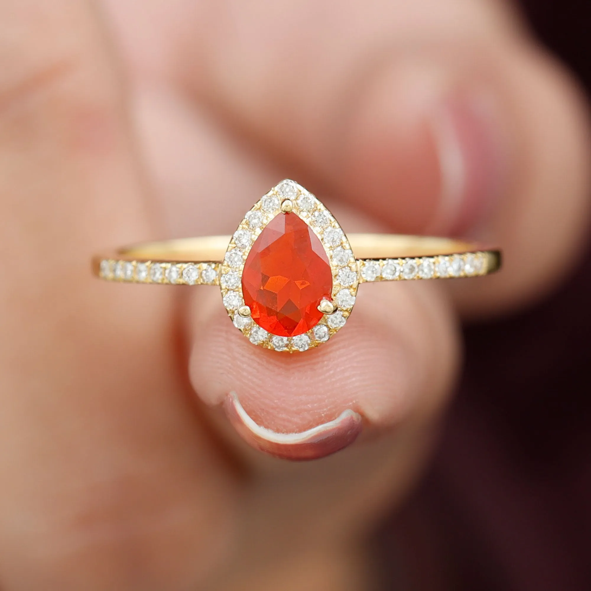 Genuine Fire Opal Teardrop Ring with Diamond Halo