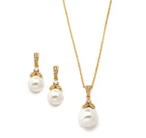 Gold Pearl Drop Wedding Jewelry Set