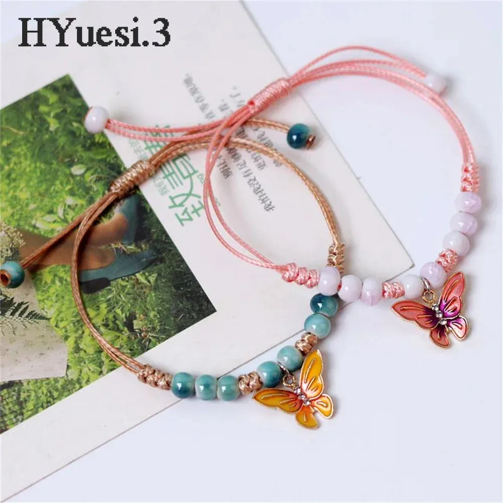 Handmade Butterfly Ceramic Beaded Bracelet Boho Adjustable Friendship Braided Bracelets Anklet Summer Women Girl Jewelry Gifts