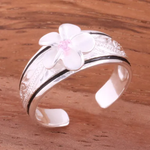 Hawaiian Scroll Black Border 8mm Plumeria with Pink CZ Smooth Edge Toe Ring