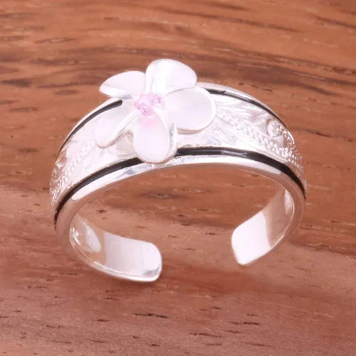 Hawaiian Scroll Black Border 8mm Plumeria with Pink CZ Smooth Edge Toe Ring