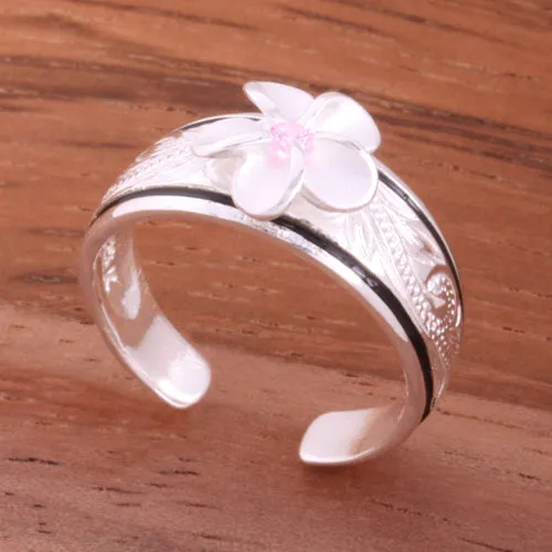 Hawaiian Scroll Black Border 8mm Plumeria with Pink CZ Smooth Edge Toe Ring