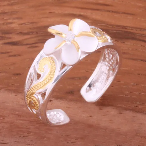 Hawaiian Scroll See Through Two Tone Yellow Gold Plated 8mm Plumeria with Clear CZ Toe Ring