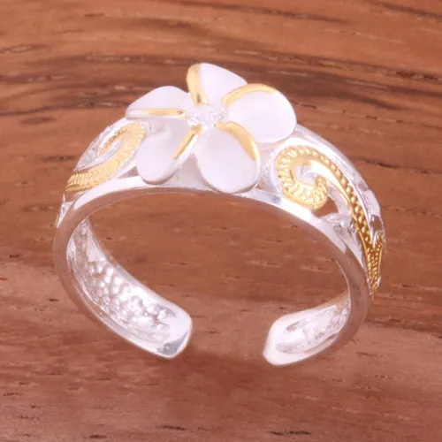 Hawaiian Scroll See Through Two Tone Yellow Gold Plated 8mm Plumeria with Clear CZ Toe Ring