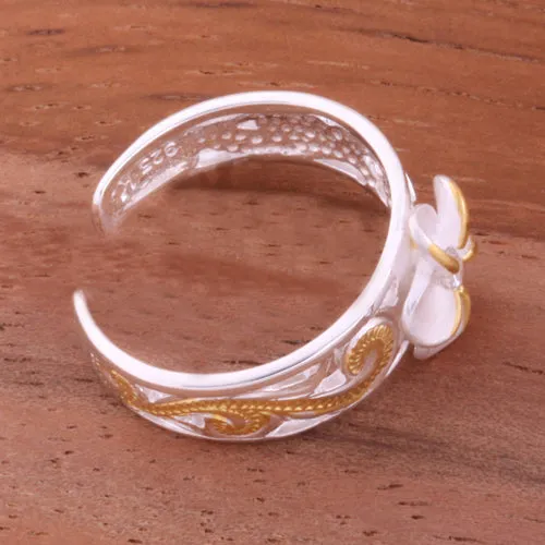 Hawaiian Scroll See Through Two Tone Yellow Gold Plated 8mm Plumeria with Clear CZ Toe Ring