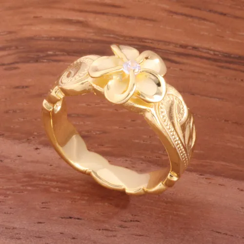 Hawaiian Scroll Yellow Gold Plated 8mm Plumeria with Clear CZ Cut Out Edge Toe Ring