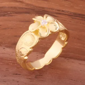 Hawaiian Scroll Yellow Gold Plated 8mm Plumeria with Clear CZ Cut Out Edge Toe Ring