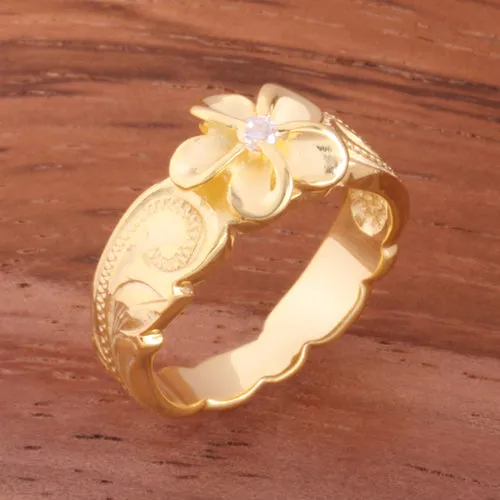 Hawaiian Scroll Yellow Gold Plated 8mm Plumeria with Clear CZ Cut Out Edge Toe Ring