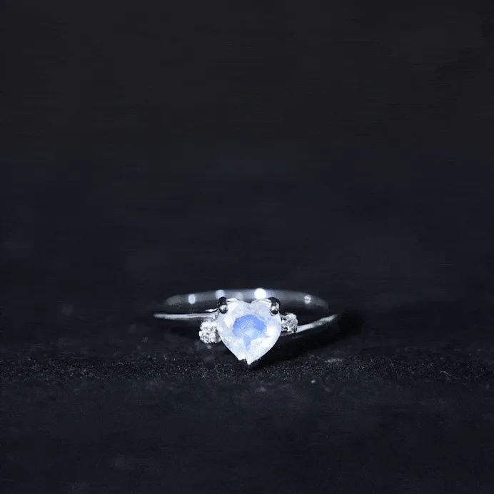 Heart Shape Real Moonstone Solitaire Promise Ring with Diamond