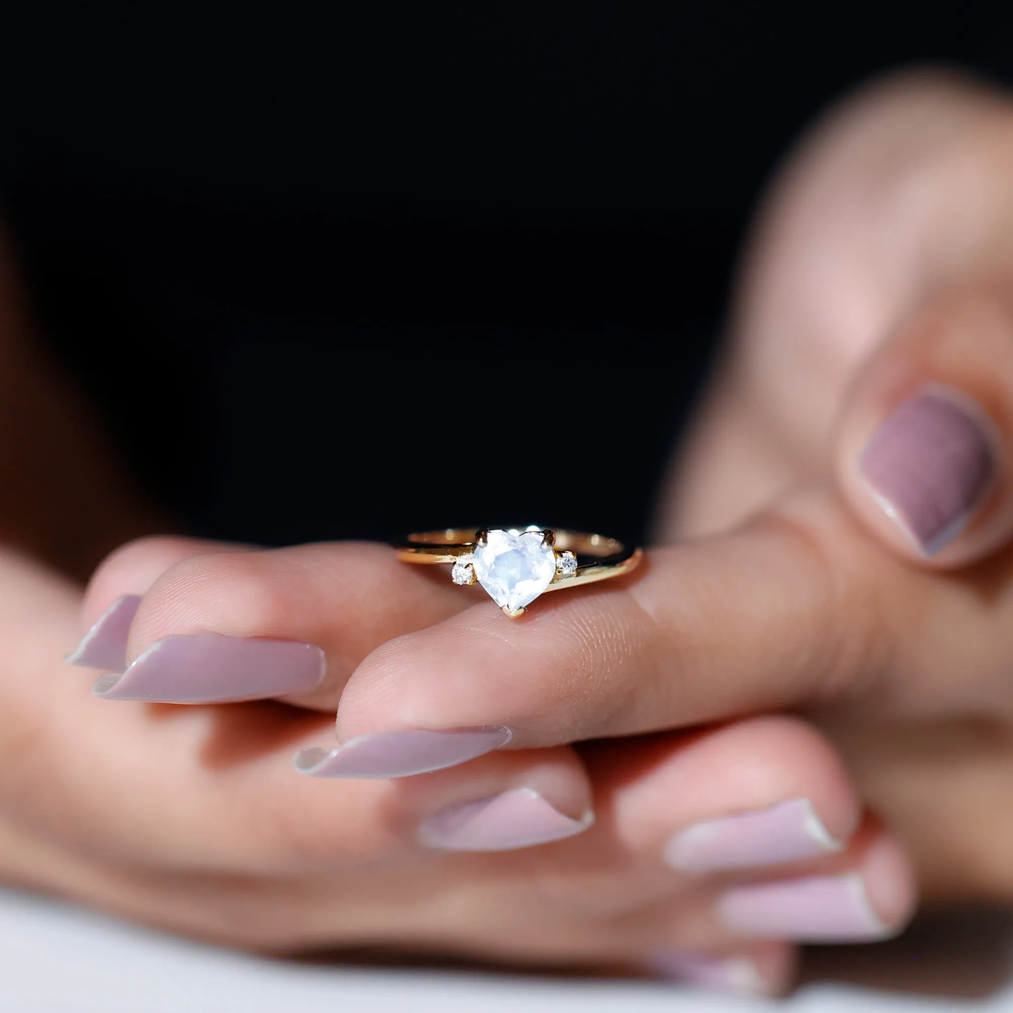 Heart Shape Real Moonstone Solitaire Promise Ring with Diamond